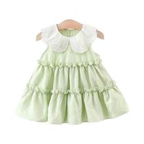 Vestidos Casuais Sem Mangas Para Bebê Menina Com Gola De Renda, Cor Sólida, Novo Vestidos Casuais Sem Mangas Para Bebê Menina Com Gola De Renda, Cor Sólida, Novo