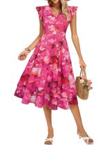 Vestidos de convidados de casamento ao ar livre para mulheres, longos de verão, florais, casuais, boho chique, jantar fluído, vestidos de verão midi, flores vermelhas, S