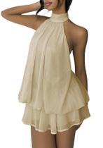 Vestidos de coquetel femininos SHINFY em chiffon com gola halter, babados, mini, para convidada de casamento, praia, férias e aniversário, bege Vestidos de coquetel femininos SHINFY em chiffon com gola halter, babados, mini, para convidada de casamento, praia, férias e aniversário, bege