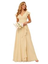 Vestidos de dama de honra TIRAS com decote em V e babados, longos em champanhe, para mulheres, cintura imperial, chiffon, vestido formal de chiffon para festa de casamento 12