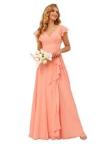 Vestidos de dama de honra TIRAS com decote em V e babados, longos em coral para mulheres, cintura imperial, chiffon, vestido formal de chiffon para festa de casamento 12