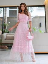 Vestidos de Festa Longo Manga Curta Decote Quadrado Cor:RosaTamanho:G