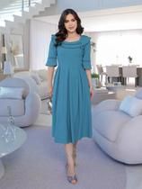 Vestidos de Festa Midi Feminino com Manga Curta Madrinha Casamento Civil Convidada Liso