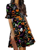 Vestidos de Halloween para mulheres, manga folhada de abóbora, semiformais, na altura do joelho, vestidos lisonjeiros para convidados de casamento de negócios com bolsos M Vestidos de Halloween para mulheres, manga folhada de abóbora, semiformais, na altura do joelho, vestidos lisonjeiros para convidados de casamento de negócios com bolsos M
