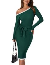 Vestidos de suéter para mulheres 2024 Vestidos de malha para mulheres Vestidos midi para mulheres Casual Vestido de suéter de manga comprida de um ombro verde escuro, tamanho adequado 2 x tamanho grande, 2 GG, tamanho 18