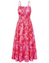 Vestidos de verão para mulheres 2025 Vestido com alça espaguete com estampa floral, casual, maxi, longo, vestido de praia, roxo, vermelho, floral, L