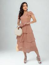 Vestidos Feminino Midi Elegante Festa Camadas com Babado Manga Curta Moda Evangélica