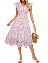 Vestidos femininos, convidado de casamento, vestido de verão, boho, floral, chiffon, praia, formal, fluido, manga esvoaçante, vestido midi, rosa, flor, GG