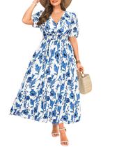 Vestidos florais femininos plus size: azul, branco, maxi, verão, casual, Páscoa, manga curta, manga folhada, vestidos longos flare
