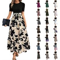 Vestidos florais longos para mulheres, 2025, elegantes e casuais, com cinto, boho, longo, maxi, praia, fluida, patchwork, manga curta, verão, império, cintura, linha, vestido de festa de chá, bege, L