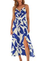 Vestidos longos femininos CUPSHE, de verão, sem mangas, praia, fenda lateral, alças espaguete, férias, formatura, vestido midi azul meia-noite, M