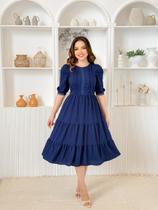 Vestidos Midi Elegante Festa Convidada com Manga e Guipir COR:Azul MarinhoTAMANHO:P