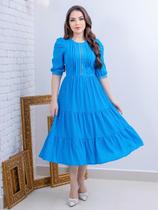 Vestidos Midi Elegante Festa Convidada com Manga e Guipir Vestidos Midi Elegante Festa Convidada com Manga e Guipir