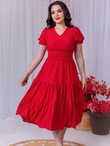 Vestidos Midi Elegante Malha Lese Acinturado com Manga
