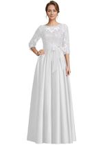 Vestidos Mother of The Bride para casamento 2024, manga 3/4, bolsos laterais, bolsos laterais, evasê, vestido formal de renda longa para convidados de casamento, branco 0