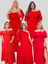 Vestidos Plus Size Vermelho Natal Longo Vários Modelos Fenda Babado Ombro a Ombro