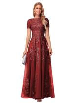 Vestidos YOFF de renda de tule para mãe da noiva para casamento, longo de lantejoulas, vinho, vinho, vestido de noite formal evasê, gola redonda e mangas 06 Vestidos YOFF de renda de tule para mãe da noiva para casamento, longo de lantejoulas, vinho, vinho, vestido de noite formal evasê, gola redonda e mangas 06
