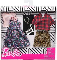 Vestuário Barbie: 2 roupas boneca com estampas florais e xadrez, bolsa e colar inclusos, 3-8 anos