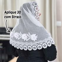 Véu Ccb Congregação Cristã Aplique Floral 3D Com Strass Adulto (modelo Cinthia)