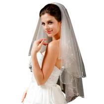 Véu De Noiva Casament Pérola Mantilha Curto C Pente 2 Camada