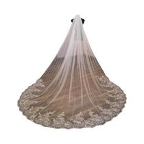 Véu De Noiva Longo Branco Marfim Com Borda De Renda, Apliques De Lantejoulas, Estilo Catedral,