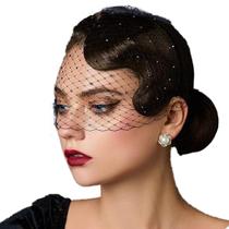 Véu Noiva Rosto Voilet Vintage Tule Strass Preto Casamento
