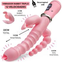 Vibrador 3 em 1 Estimulação Triplo Recarregável USB Rabbit Ponto G Clitoris Anal - Discretta