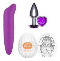 Vibrador Feminino Estimulador Clitóris + Plug Anal em Aço Formato Coração P + Egg Masturbador Masculino - Sexy Import