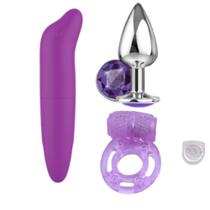 Vibrador Feminino Ponto G golfinho + Plug Anal em Aço + Anel Peniano Estimulador