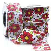 Viés Aberto Estampado Chita Branco com Vermelho 35 mm - 20 Metros - Marilda