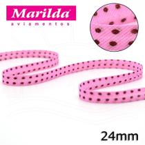 Viés Estampado Fino 24mm 20 metros - Bolinha Marrom/Rosa