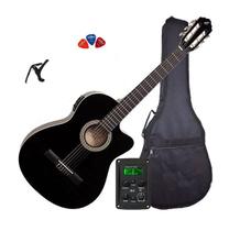Violão Eletroacústico GIANNINI Nylon Flat NF-14 Preto + Capa + Palhetas + Capotraste