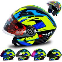 Viseira Moto Aberto Várias Cores + Capacete Fw3 X Open Up Fox Amarelo e Azul com Óculos Interno -Fw3