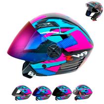 Viseira Moto Aberto Várias Cores + Capacete Fw3 X Open Up Fox Rosa com Azul com Óculos Interno- Fw3