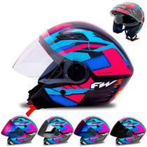 Viseira Moto Aberto Várias Cores + Capacete Fw3 X Open Up Fox Rosa com Azul com Óculos Interno- Fw3