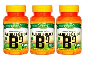 Vitamina B9 Ácido Fólico 60 Cápsulas 500mg Unilife Kit 3 unidades