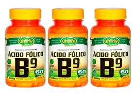 Vitamina B9 Ácido Fólico 60 Cápsulas 500mg Unilife Kit 3 unidades