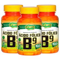 Vitamina B9 Ácido Fólico 60 cápsulas de 500mg Kit com 3