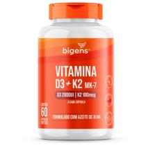 Vitamina D3 2000UI K2 MK7 100mcg, Formulado com azeite de oliva, Bigens 60 cápsulas