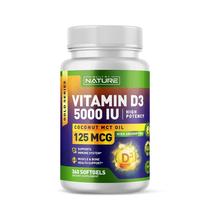 Vitamina D3 5000 UI produzida pela natureza com óleo MCT de coco 360 cápsulas gelatinosas
