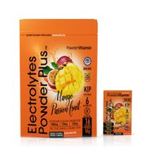 Vitaminas em pó, eletrólitos em pó e manga, maracujá, pacote com 16