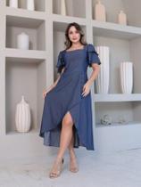 Vitória Vestido midi elegante liso chambray manga curto Vitória Vestido midi elegante liso chambray manga curto