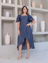 Vitória Vestido midi elegante liso chambray manga curto Vitória Vestido midi elegante liso chambray manga curto