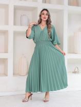 Vitoria Vestido Midi Feminino com botão Manga Curto Plissada