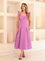 Vitória Vestido midi liso duna onda com babado na manga Vitória Vestido midi liso duna onda com babado na manga