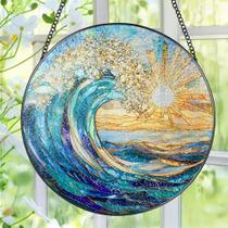 Vitral Suncatcher Pauyadu, decoração de janela Sea Wave de 20 cm Vitral Suncatcher Pauyadu, decoração de janela Sea Wave de 20 cm