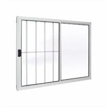 Vitrô de correr 2 folhas uma fixa vidro liso linha 20 alumínio branco com grade parcial