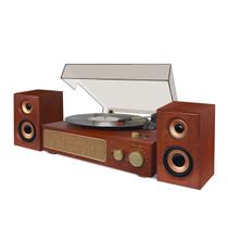 Vitrola Raveo Studio Plus Marrom Retrô 2 Caixas Acústicas Rádio FM Toca Discos Grava Bluetooth USB Saída Auxiliar Bivolt
