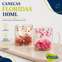 Vittak Caneca Parede Dupla Com Flores Vidro Borossilicato 110ml Floral Colorida e Rosa