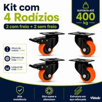 Vittak Kit 4 Rodinhas Rodízios Giratórios Borracha 400kg com Freio Reforçado para Móveis Pesados Vittak Kit 4 Rodinhas Rodízios Giratórios Borracha 400kg com Freio Reforçado para Móveis Pesados